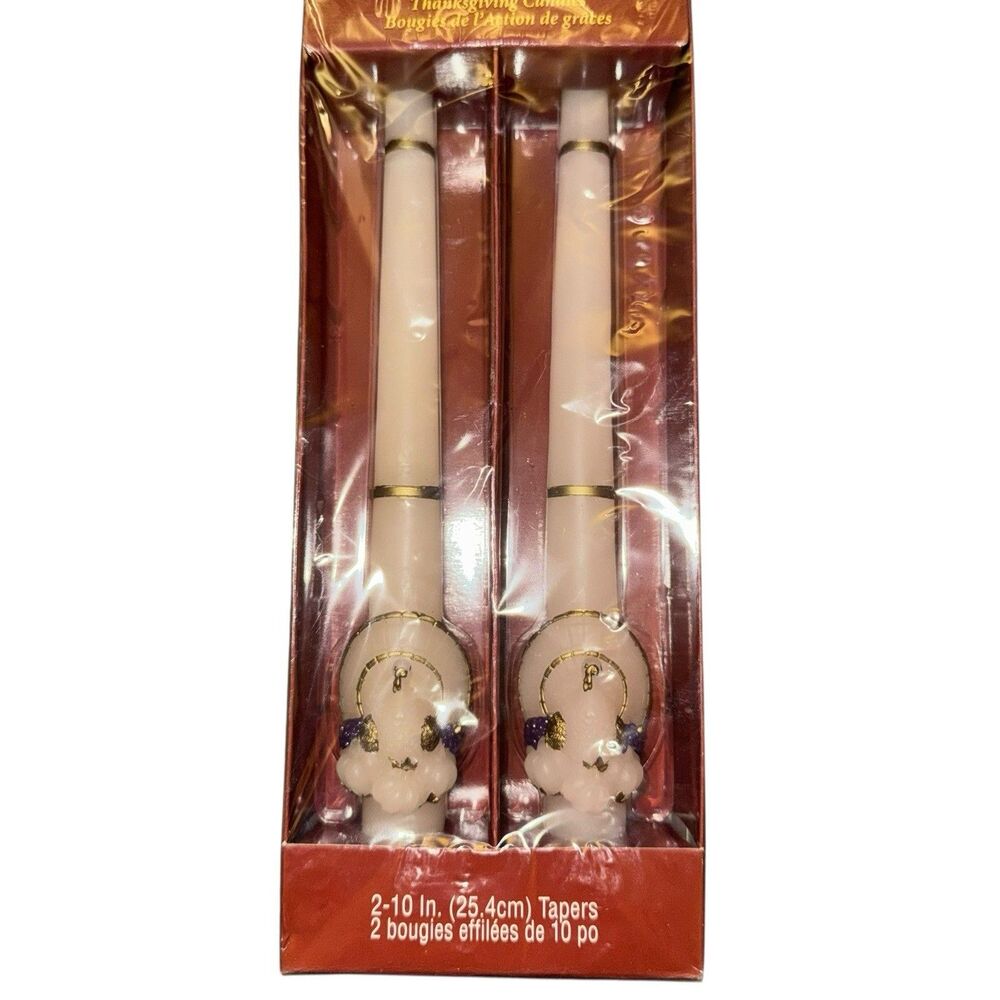 2 Vintage American Greetings Thanksgiving Turkey 10" Taper‎ Candles White Gold